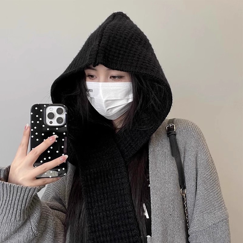 冬季帽子围巾一体两件套纯色保暖两用针织帽斗篷百搭时尚连帽披肩|undefined
