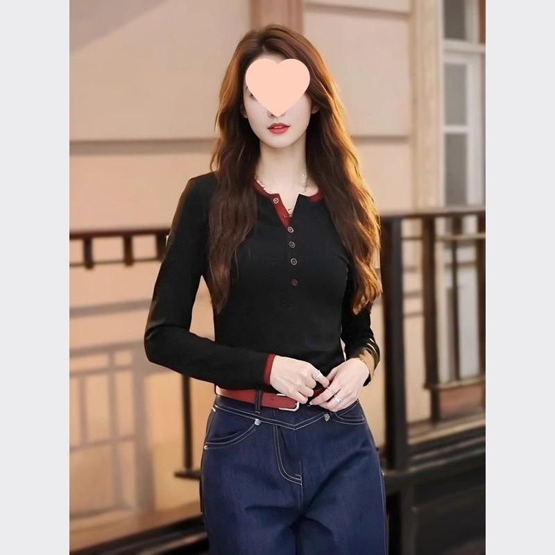 长袖打底衫女秋冬季2025新款撞色排扣修身恤设计感洋气内搭上衣|undefined