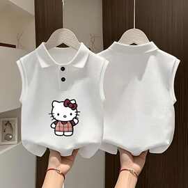男女童时髦纯棉无袖polo衫2026夏季新品中大童洋气KT猫无袖上衣潮