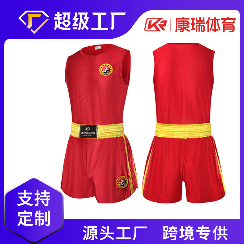 Fabricante Kangrui, uniformes de Sanda para competición en clubes, uniformes de artes marciales, uniformes de entrenamiento de combate, pantalones cortos de Muay Thai.