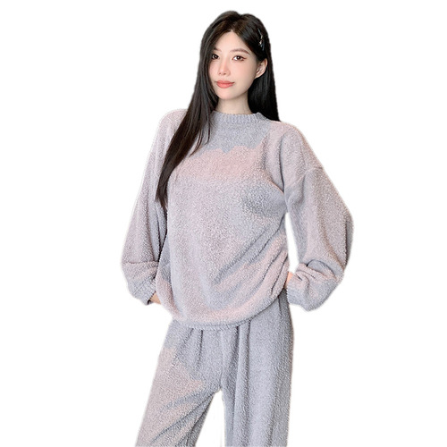 320G soft and fluffy monochromatic half-fleece women's pajama set with warm long sleeves, princess pink plush, lazy style set