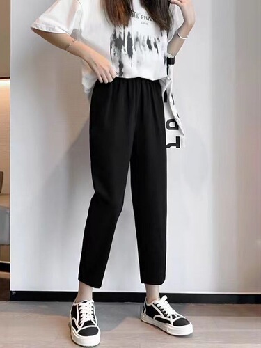 Harlem pants for women's spring and summer large size women's pants fat elastic waist slimming black radish pants for women's nine-quarter suit casual pants