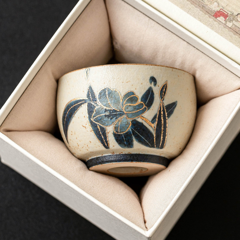 青花火石陶瓷主人杯描金手绘百合罗汉杯大号茶杯家用喝茶杯品茗杯
