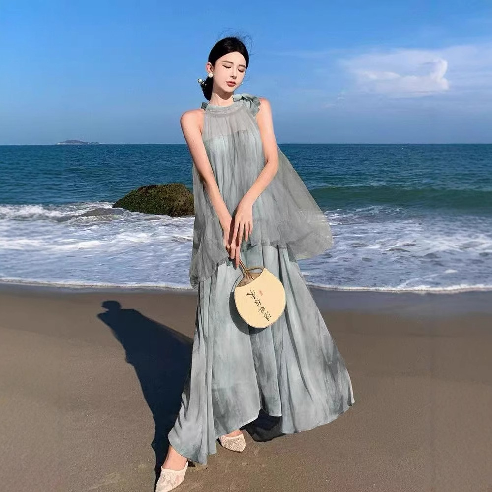 새로운 중국 스타일 우아한 우아한 요정 휴일 해변 긴 원피스 메쉬 스티칭 인쇄 및 염색 가짜 2 피스 교수형 목 원피스 여름