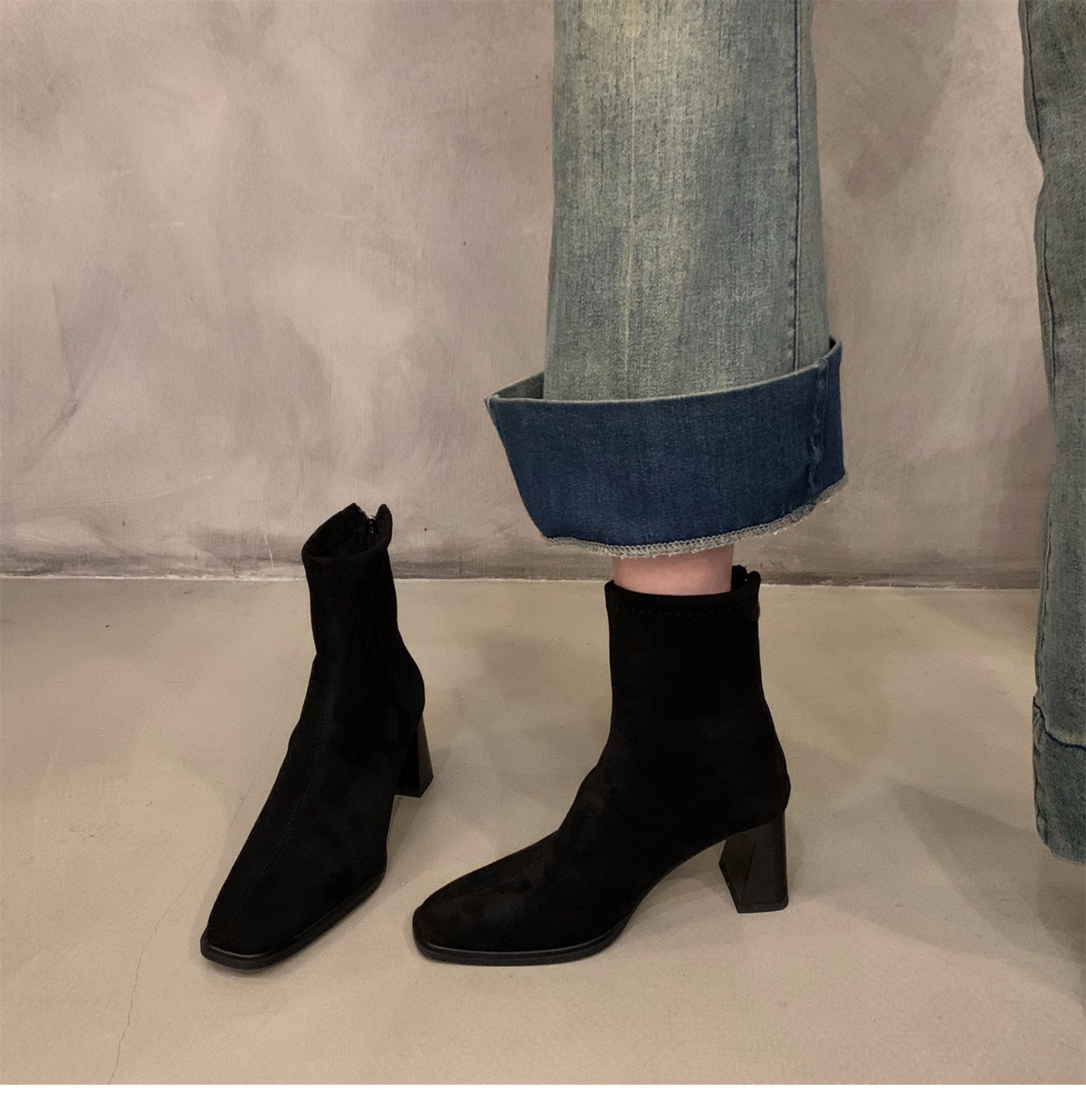 Suede Ankle Boots For Women Square Toe Slim Korean Style Footwear_voghion.com