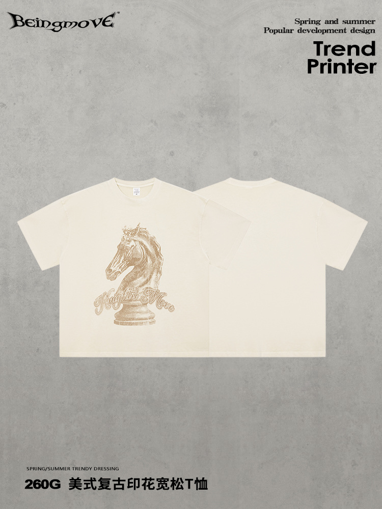 Calle secada| 2026 nuevo retro americano hace vieja camiseta suelta de manga corta año del caballo impresión de tablero de ajedrez