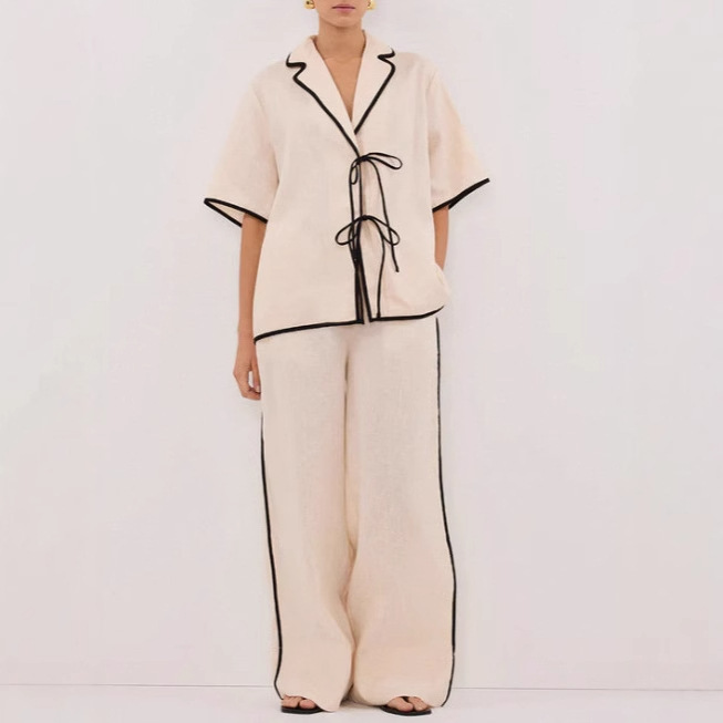 European and American Cross-Border New Simple Casual Cotton and Linen Color-Blocking Suit for Women with a Turn-Down Collar, Tie-Up Top, and Comfortable Two-Piece Set with Long Pants