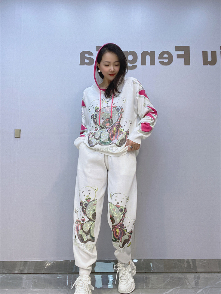 Encapuchado con capucha de punto de manga larga pantalones traje casual de las mujeres primavera y otoño Nuevo más tamaño de las mujeres pesado arte traje de dos piezas