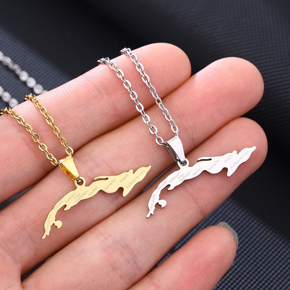 Vintage Öltropfen Kubanische Republik Karte Anhänger Halskette Mode Edelstahl Damen Schlüsselbein Kette_voghion.com