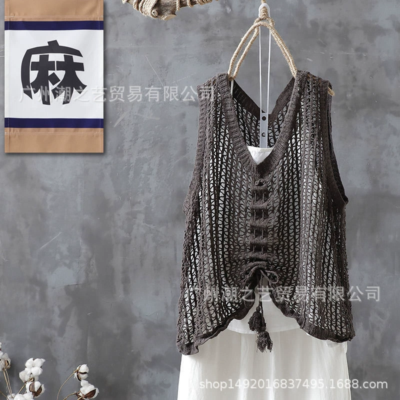 Лето 2021 Новый Хлопковый вязаный жилет с V-образным вырезом и шнурком, Женский винтажный Свободный жилет без рукавов, женские сумки