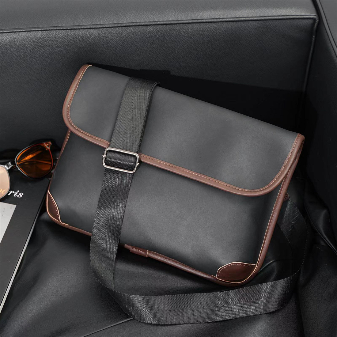 300g Weight Polyester Lining Material Weave Fashion Element Flip Cover Closure Type Sling Strap Strap Type Shoulder Bag Bags Type Casual, Daily, Shopping Occasion Pu Leather Material Plaid, Solid Color Pattern All Seasons Season Men's Gender Classic Style Style Square Shape Men's Plaid Solid Color Pu Leather Weave Flip Cover Shoulder Bag 5