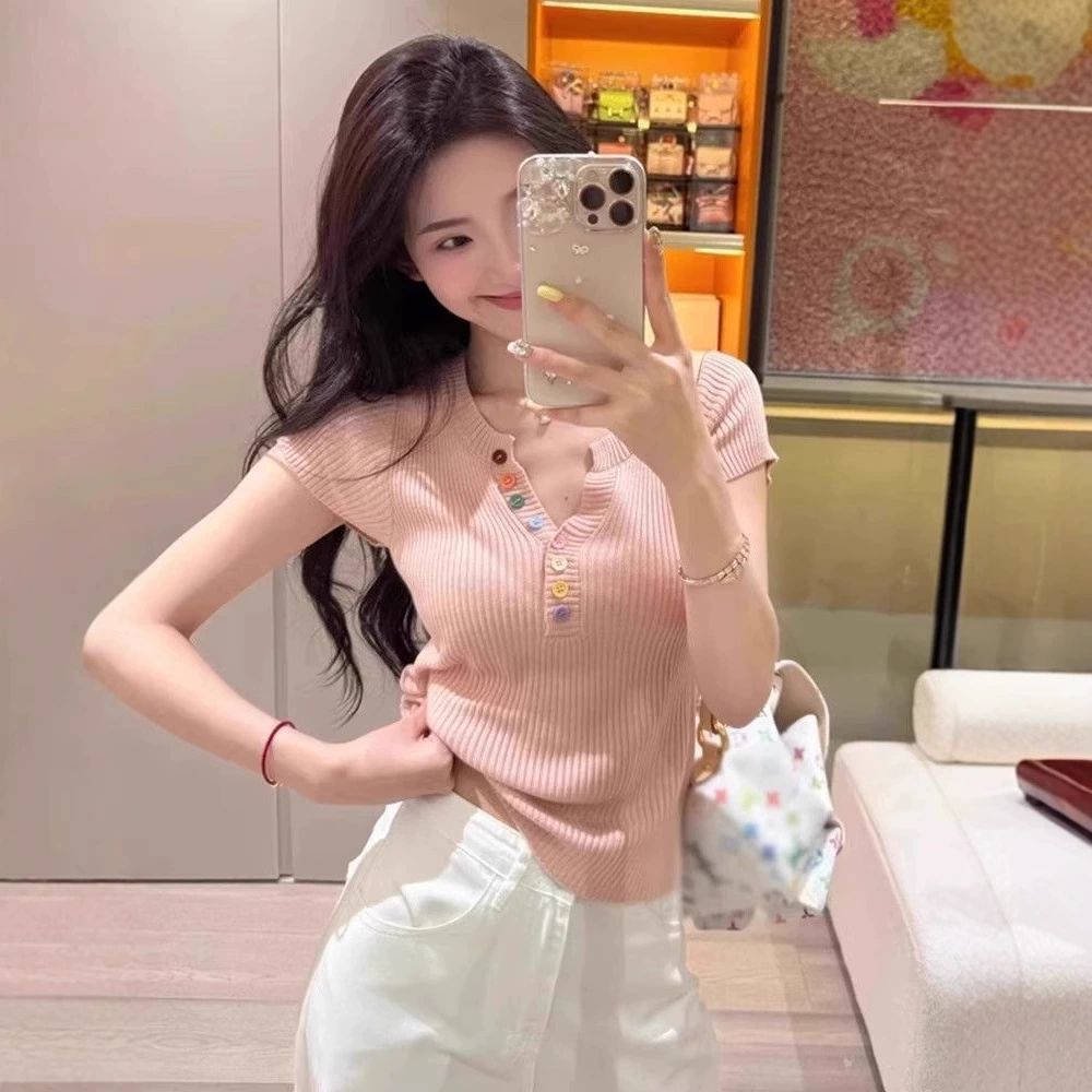 Корейский короткий топ с короткими рукавами и пуговицами для женщин, летний, стройнящий, милый, сексуальный, топ с эффектом допамина