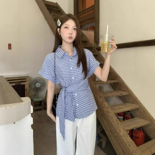 Plus Size Fat mm Plaid Shirt Women's Summer Slimming Look Belly-Covering Slightly Fat Design Waist-Covering Belly-Covering Top