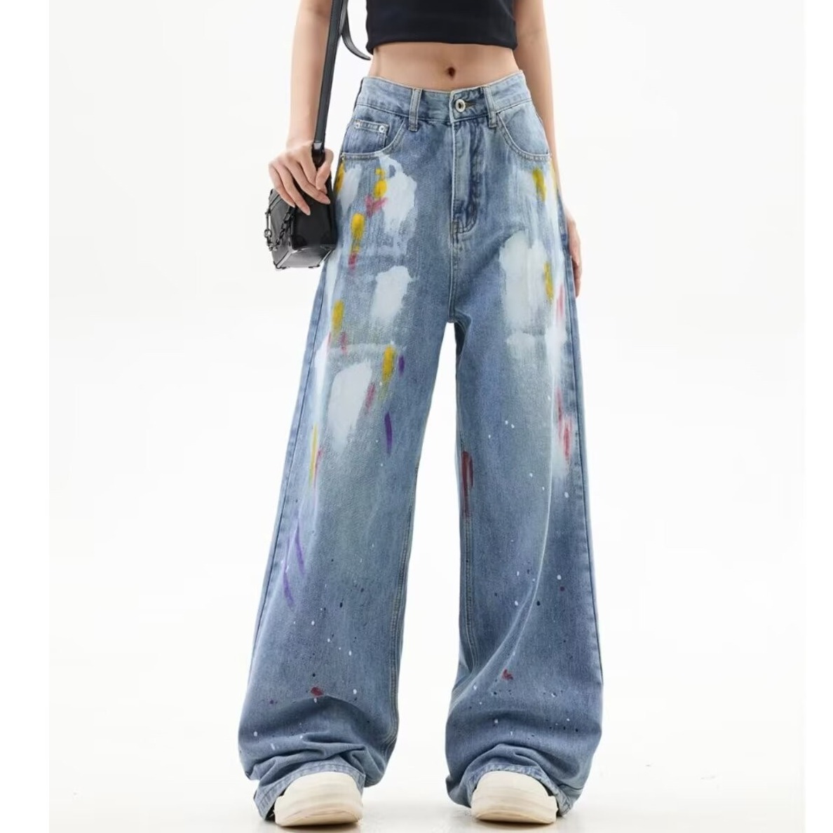 Design Sense Niche Personalized Graffiti Jeans Women's High Street Vibe All-match Loose Straight Wide Leg Slimping
