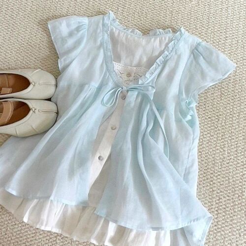 French retro lace splicing fake two-piece top for women's summer new preppy style loose lazy all-match Western-style blouse