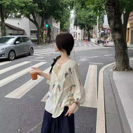 实拍法式小清新衬衣女甜美系带刺绣印花宽松七分灯笼袖衬衫68724