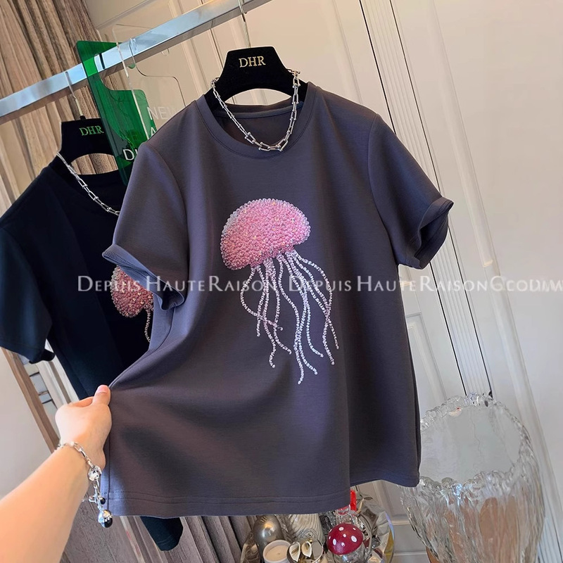 plus size Women's 150.00kg Fashion Clothing Niche Rhinestone Embroidered Sequin Short-sleeved T-shirt Women's Slimming Short-sleeved Top