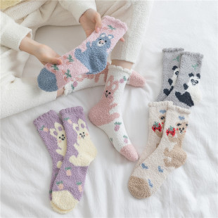 Non-lint coral velvet panda rabbit home women's winter mid-calf socks cartoon sleep socks plush thickened floor socks