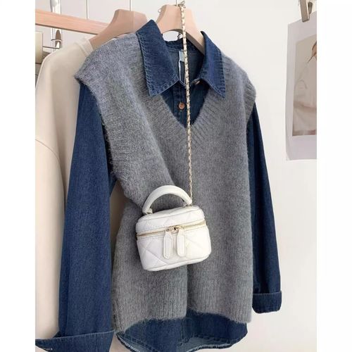 Grey V-neck Cardigan Knit Vest for Women Autumn and Winter Innerwear Layering over Sweaters V-neck Woolen Clothing