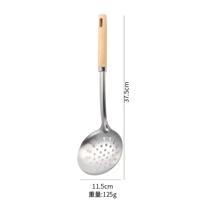 Espátula de acero inoxidable para cocinar en casa, espátula para freír, cuchara para freír, mango de madera maciza, cuchara para freír, colador de cocina engrosado, juego de utensilios de cocina