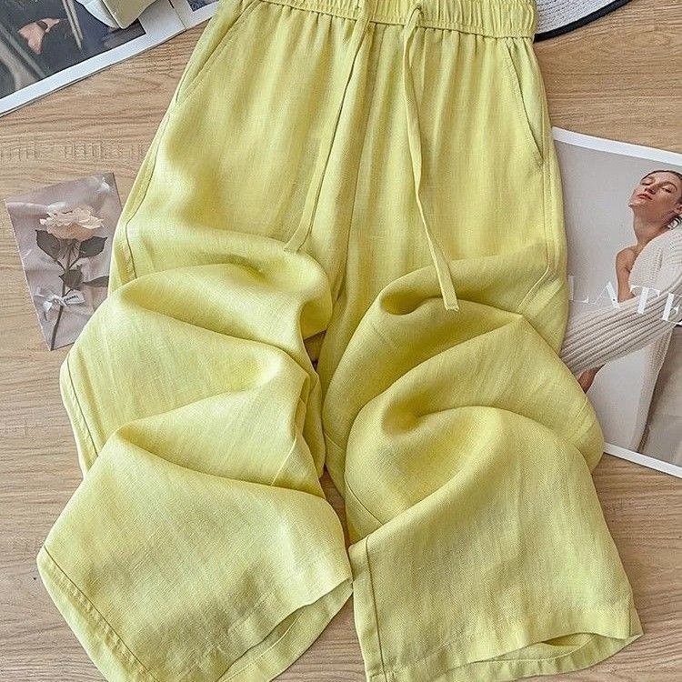 Popular Yellow Cotton-Linen Wide-Leg Pants for Women, Summer Thin Style, 2026 New High-Waisted Drapey Linen Cropped Straight Pants