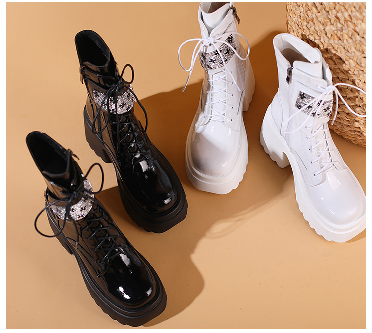 Boot nữ cổ ngắn phong cách Anh quốc, gót vuông 10cm, đế platform, khóa kéo bên hông — Lót nhung đen chi tiết 10