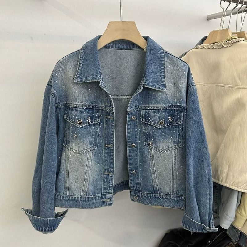 2026 Spring New Korean Style Retro Beaded Rhinestone Short Denim Jacket for Women Petite Versatile Slimming Jacket
