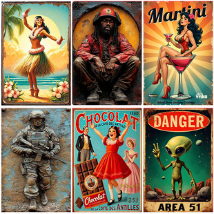 Cross-border retro wall hanging decorative painting American cartoon beauty military iron brand coffee ice cream shop wall tin painting