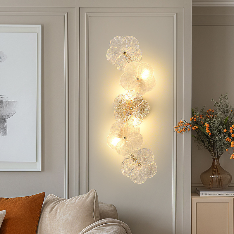 French Light Luxury Wall Lamp Living Room Background Wall Decorative Lamp Modern Simple Glass Flower Entrance Wall Hanging Lamp New Style