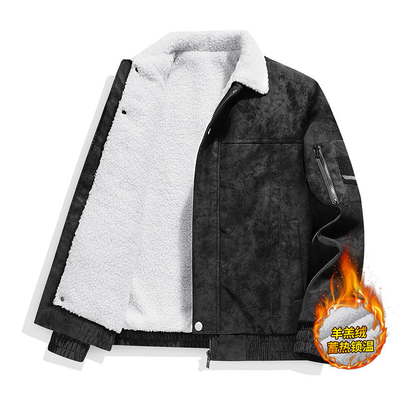 厂家直销2025秋冬季翻领羊羔绒加厚加绒复古麂皮绒户外工装夹克外