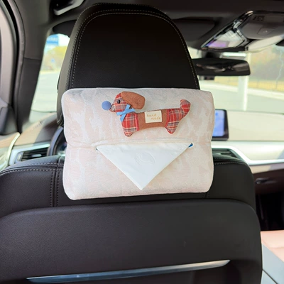 Car tissue box/set Tissue Box, Car Seat Back - fabric-patch-style-red-brown-plaid-dog-leopard-print-tissue-box-off-white