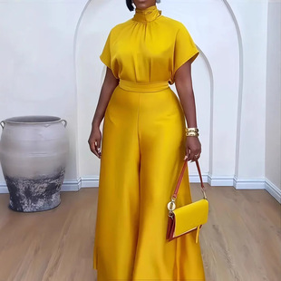 Foreign Trade Cross-Border Plus Size Women's Professional Commuting Shirt High Collar and Waist Wide Leg Trousers Two-Piece Suit