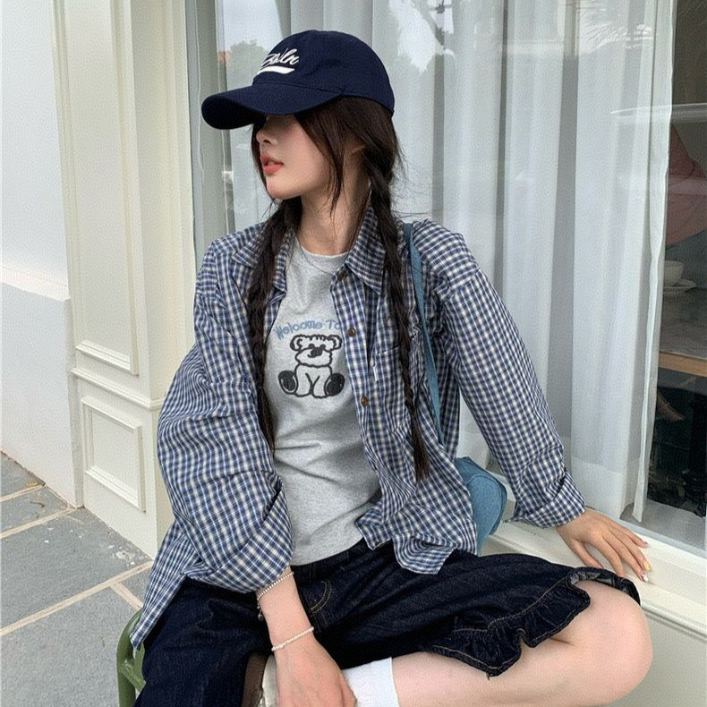 2025新款法式蓝色格子长袖衬衫外套女装宽松秋季薄款防晒衬衣上衣|undefined