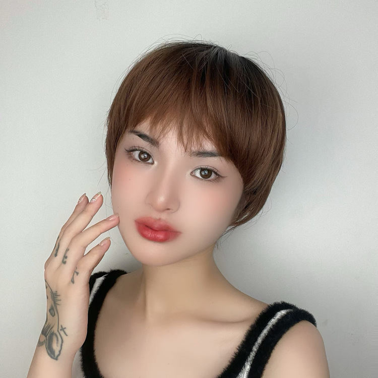 Wig Women's Fashion Cute Head Dyed Black Aoki Linen Grey bobo Short Straight Hair Rose Nail Full Head Cover