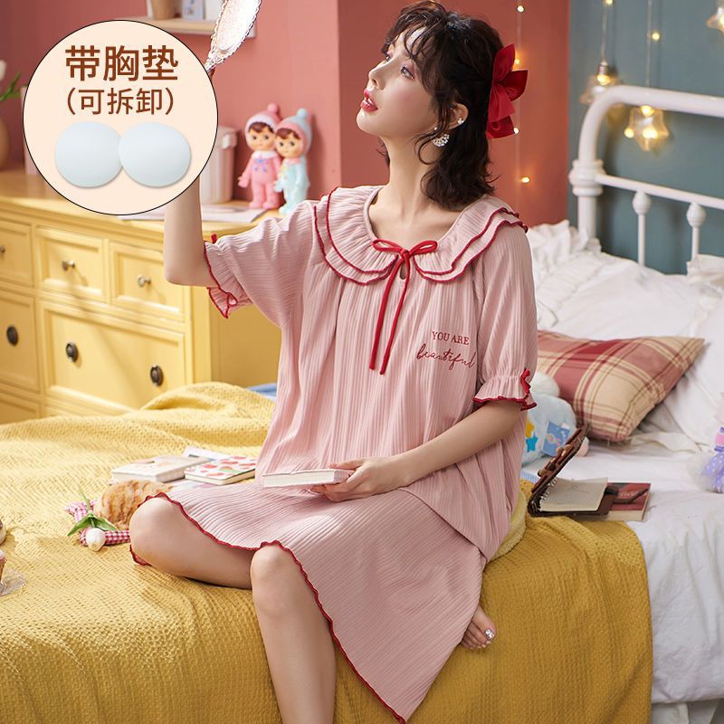 독립형 가슴 패드 나이트 드레스 여성 여름 코튼 반팔 파자마 학생 한국어 버전 귀여운 대형 사이즈 브래지어 프리 드레스