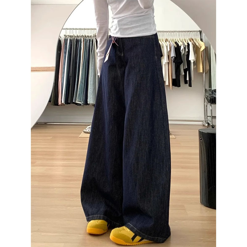 大码深蓝色阔腿裤牛仔裤女2025新款胖mm梨型身材粗腿宽胯显瘦裤子