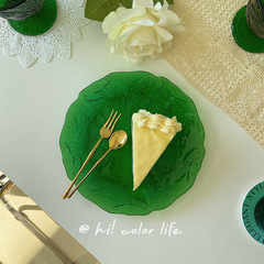 5YA1批發韓式ins風復古祖母綠浮雕玻璃盤商用水果沙拉不規則花邊
