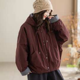 简梦撞色袖口连帽夹棉棉衣2026冬季大码棉袄棉服加厚外套女61117