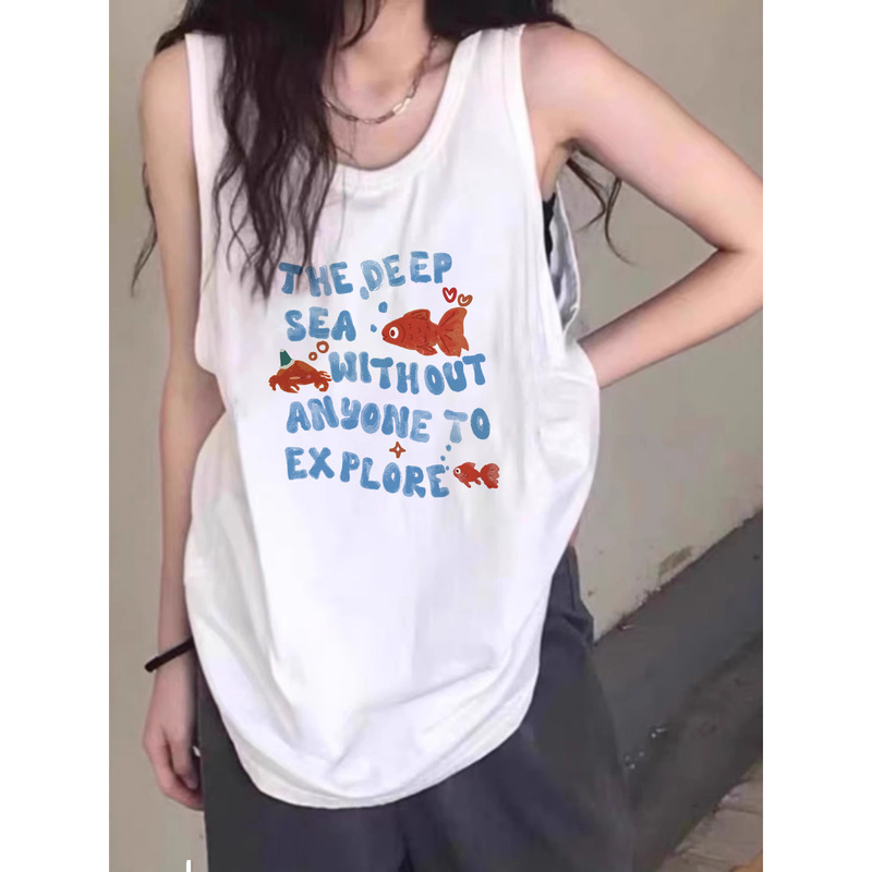 Mid-Length Sports Vest for Women, Summer 2026, Thin Pure Cotton Printed Camisole, Loose Round Neck Sleeveless Top