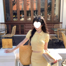 韩系超仙温柔风针织套装裙夏季短袖修身上衣女包臀裙短裙子两件套