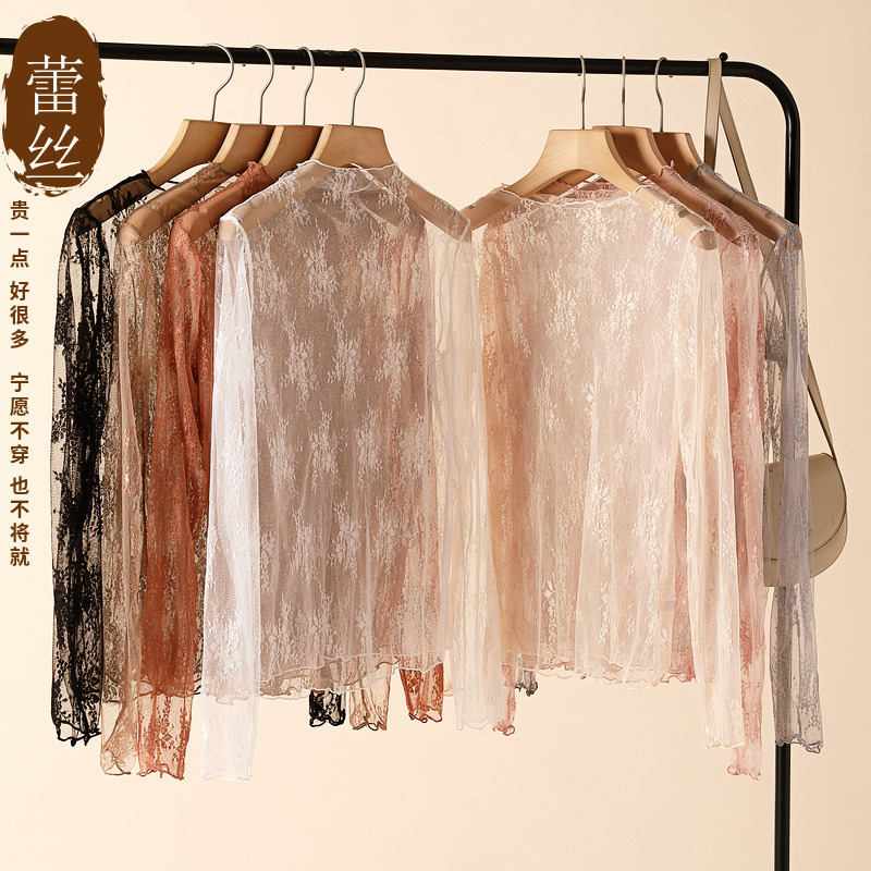 2020 Autumn and Winter Lace Bottoming Shirt Women's Long Sleeve Half Turtle Collar with Hollow Chiffon Western Style Sexy Mesh Top