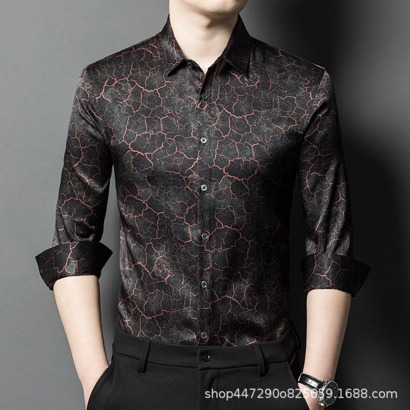 New Men's 9910 Mulberry Silk Large Turtle Pattern Fashion Printed Long-Sleeved Shirt Loose Casual Shirt for Men