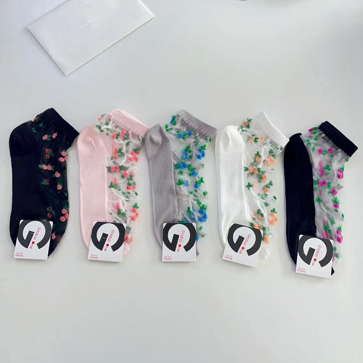 Korean globalone Vintage Palace Teng Man Flower Thin Flesh Crystal Silk Socks Dongdaemun Silk Socks for Women