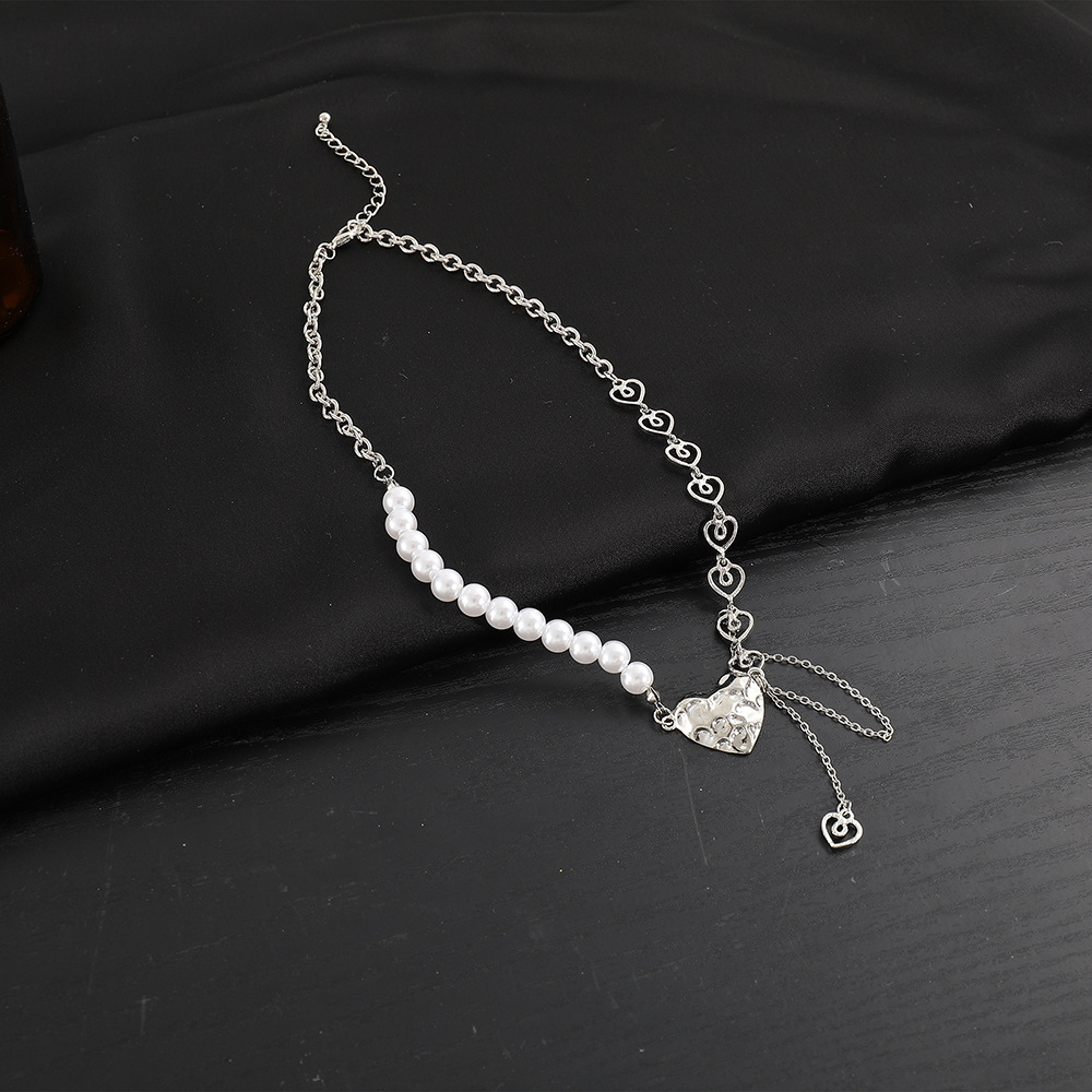 new retro pearl simple stitching pearl chain heart pendant necklace