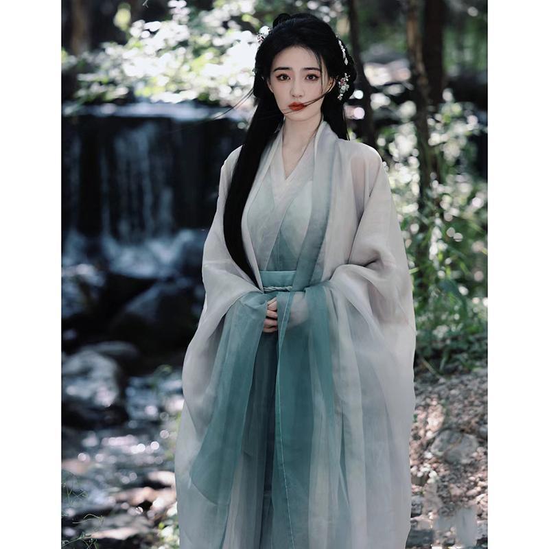 徐璐同款汉服女魏晋南北朝古装清冷感大袖衫交领齐腰襦裙广袖套装|undefined
