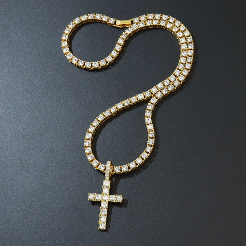 Europa y América hip hop estilo completo diamante Cruz colgante 3mm4mm sola fila diamante Tenis cadena collar Cruz collar