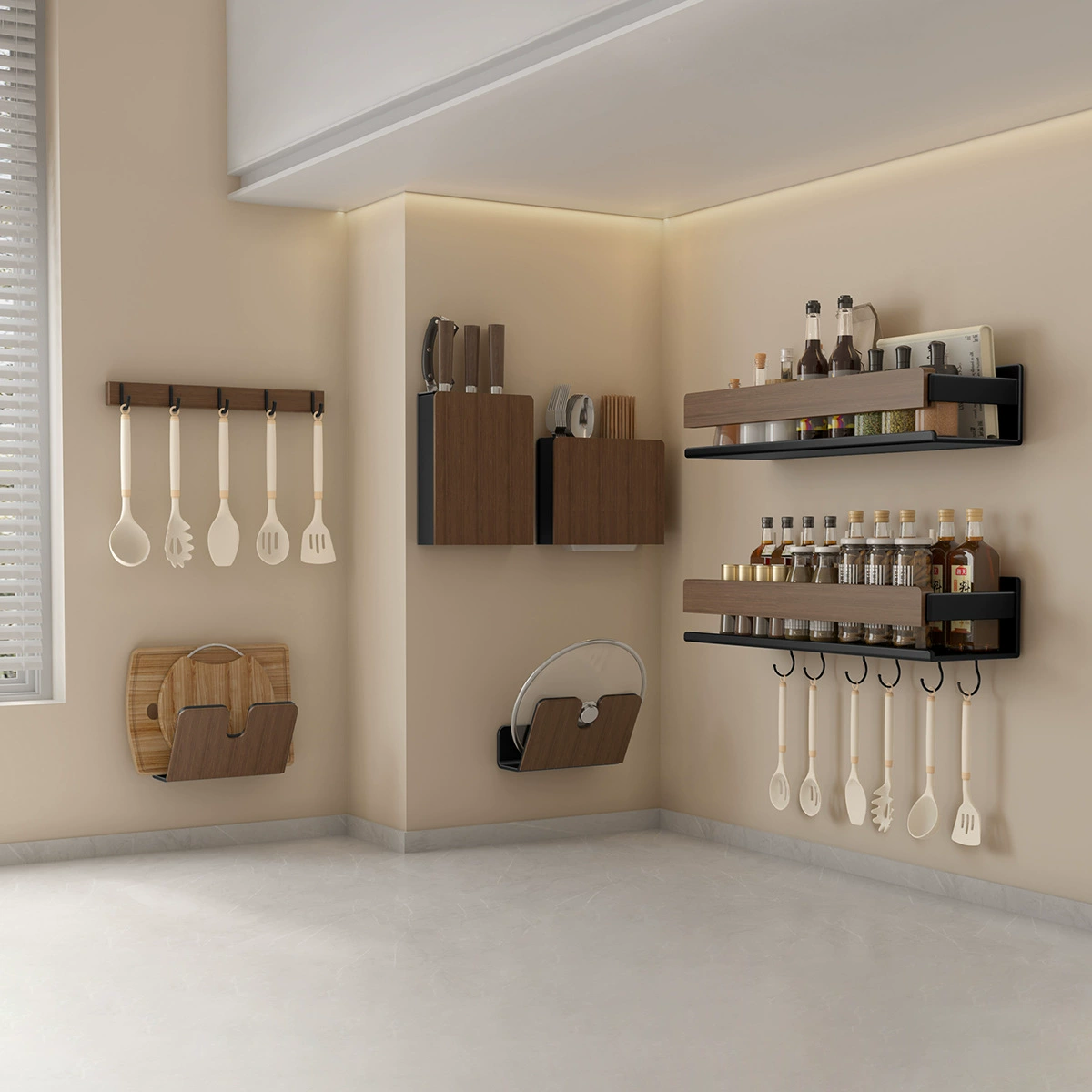 Walnut kitchen hook hole-free hanging rod pot spoon shovel hanger multi-function wall-mounted storage rack