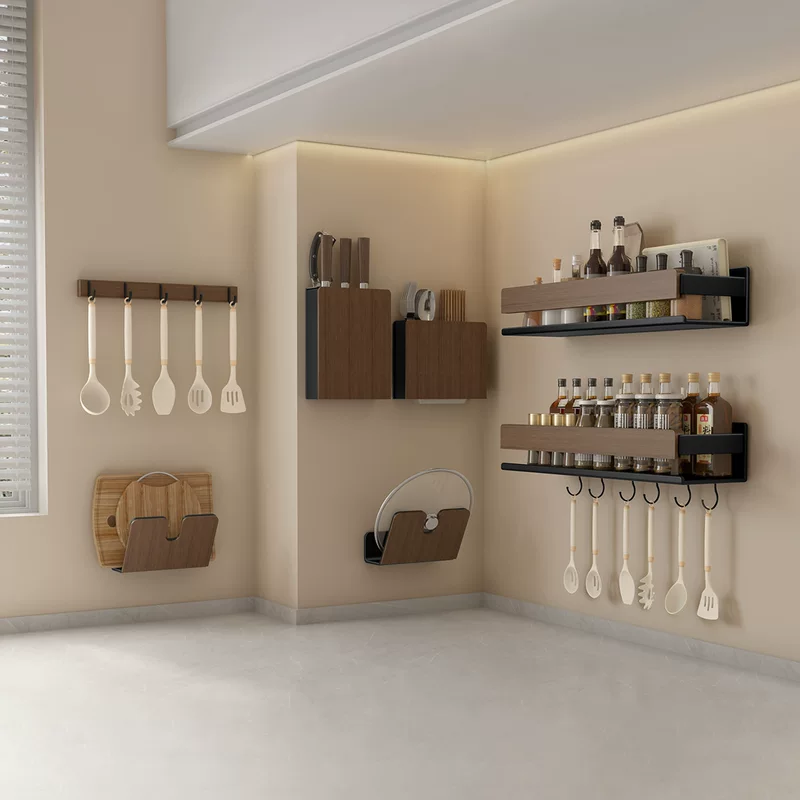 Walnut kitchen hook hole-free hanging rod pot spoon shovel hanger multi-function wall-mounted storage rack