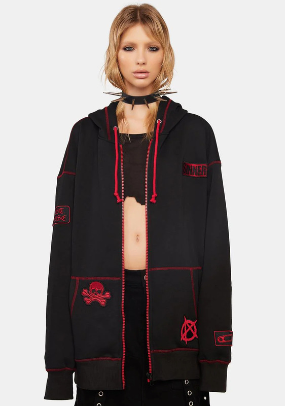 2023 European and American new women's Gothic style autumn and winter coat hoodie loose sweater zipper Embroidery printing personality