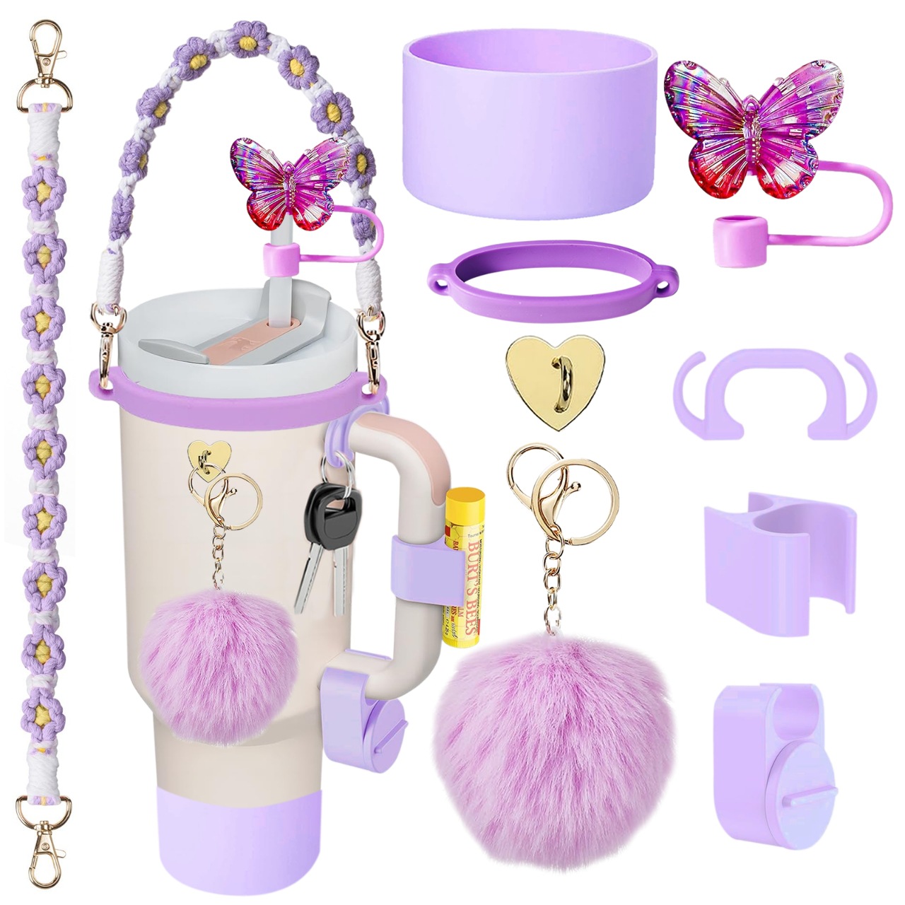 Accesorios de taza Stanley colgante de cuerda de mano flor de silicona gorra de paja de peluche colgante de taza cadena de taza de color cubierta de taza